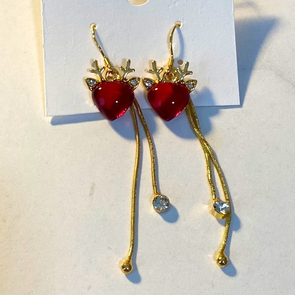 Christmas Red Gem Reindeer Dangle Earrings NWT - Picture 1 of 2
